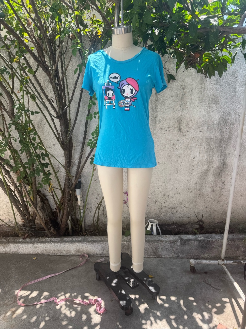 tokidoki Turquoise Tee with Pink and Black Cartoon Print